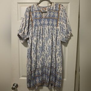 G.O.D. Blue & White Printed Midi Dress with Contrast Trim